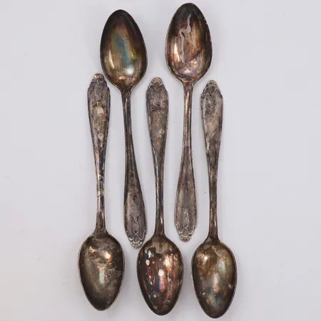 Fem teskedar, längd 13cm, Guldsmedsaktiebolaget I Stockholm, år 1930, 830/1000 silver Vikt: 86,7 g