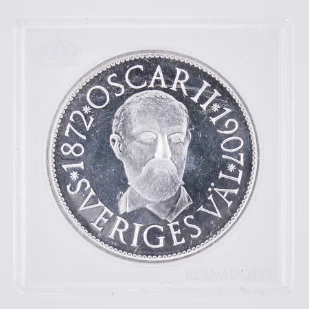 Minnesmynt, Ø 38,6mm, Konungaätten Bernadotte, Oscar II 1872-1907 Sveriges väl, plastkassett, 925/1000 Silver  Vikt: 25,3 g