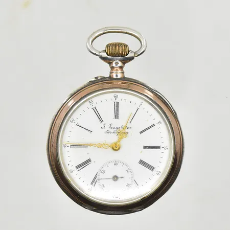 Fickur, J.Engström Jönköping, manuell, boett Ø47 mm, boettnr 254833, innerboett i metall, defekt krona/går ej att ställa tiden, uppdragning fungerade vid testtillfället, bruttovikt 75,4g, 800/1000 silver.