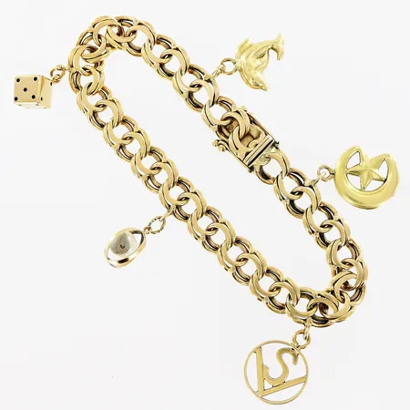 Armband, Bismarck, 20,2cm, bredd 9mm, 5 berlocker, slitage, 18K.  Vikt: 33,4 g