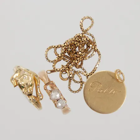 Kedja + Hänge + 2 Ringar, defekt/gravyr/stenar saknas, 18K Vikt: 11,8 g