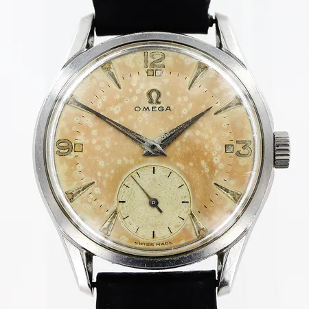 Herrur Omega, stål, manuell, Ø35mm, liten sekundvisare, verk nr 13281373, caliber 266, boett nr 2639-11, år 1952, åldersbetingat skick, anfrätt urtavla, fungerar vid testtillfälle, läderband defekt, box.