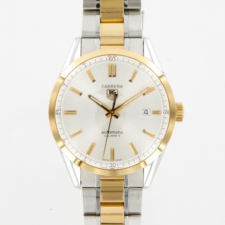 Herrur Tag Heuer Carrera, Calibre 5, automatisk, guld på stål, Ø39mm,  länkens innermått 19,5cm, modell-nr: WV215D, WRW1651, bok, tag, garantikort ej ifyllt, inköpt Japan 2017