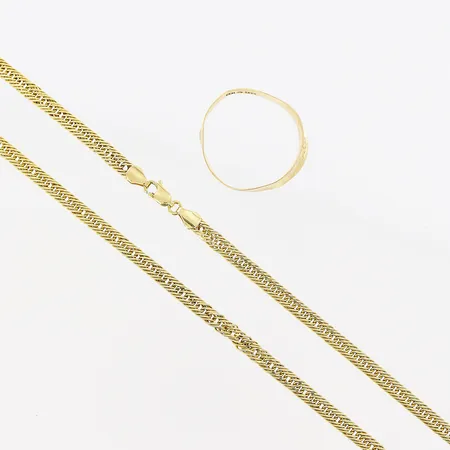 1 kedja, 1 ring, skevheter, 18K.  Vikt: 6,5 g