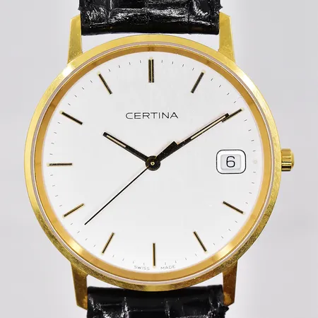 Herrur Certina, Ø 33,5mm, 18K, quartz, datum, står still, graverad boett, läderband