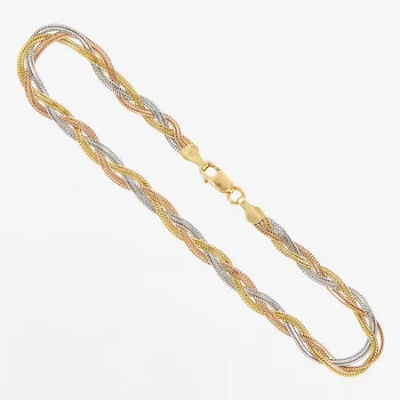 Armband flätat gulguld/rödguld/vitguld, 18,5cm, bredd: 4mm, GHA 18K Vikt: 3 g