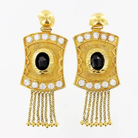 Ett par örhängen, svart /vita stenar, 53x20mm, stopp saknas, lösa stenar, skeva stift, 21K. Bruttovikt: 15,1gram.  Vikt: 15,1 g