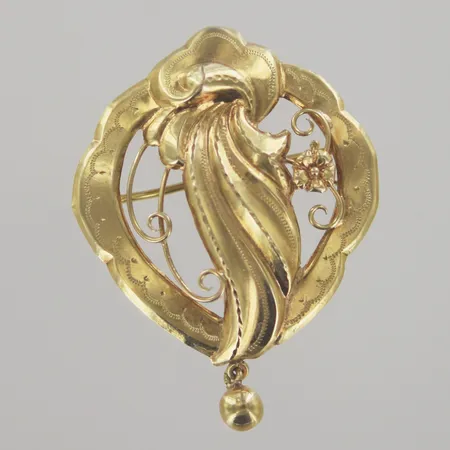 Hänge/brosch, längd 5 cm, bredd 3 cm, ojämn nål,18K Vikt: 3,7 g