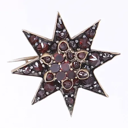 Brosch med granater, Ø30mm, skev nål, ostämplad, förgyllt silver  Vikt: 4,1 g