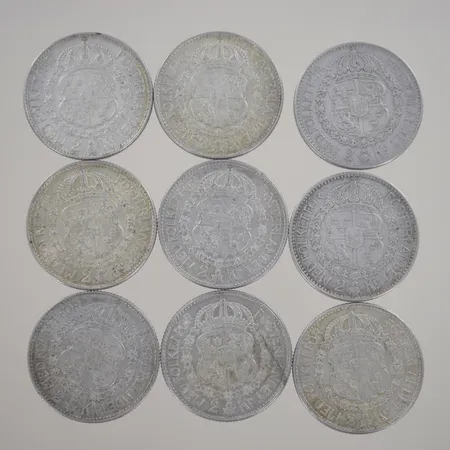 Silvermynt  2kr Gustaf V: 1928-1931-1934-1936-1940 5kr Gustaf 1966 5kr Margrethe II 1976  167,9 gr Vikt: 167,8 g