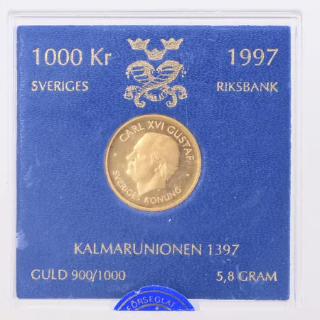Mynt, 1000kr, Carl XVI Gustaf, år 1997, Margareta Kalmarunionen 1397 1997, Ø21mm, etui, 21,6K Vikt: 5,8 g