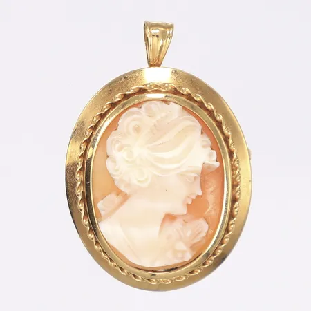 Hänge/brosch med camé, längd 35mm inklusive ögla, bredd 25mm, 18K Bruttovikt: 5,8g