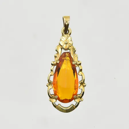 Hänge med orange sten, längd 30 mm, bredd 12 mm, förgylld metall.