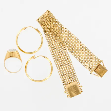 Armband X-länk, 18,5cm, bredd: 17mm, skeva länkar, ett par örhängen Ø28mm, skevheter, ring med sten stl 17½, bucklig, 18K  Vikt: 28,7 g