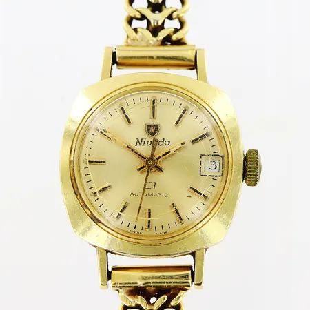 Damur Nivada, manuell, Fiskbenslänk, 18K i boett och länk, defekter på glas och urverk, brv: 28,7gram