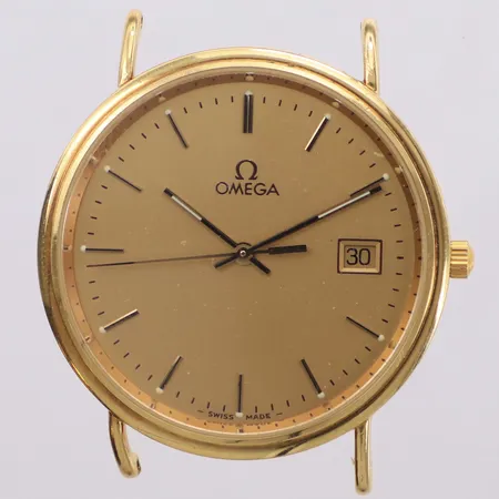 Herrur, Omega, 18K, quartz, 33mm, safirglas, datum (återställer ej korrekt), cal 1430, boettnr 196750MZ, svart läderband med slitage medföljer, sprinter saknas, inga tillbehör, brv: 19,7g