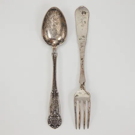 Sked + gaffel, längd 17cm, gravyr, Silver 830/1000  Vikt: 57,4 g