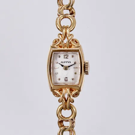 Damur Alpina, Ø ca 16x18mm, manuell, repigt glas, 18K med Bismarckslänk, total längd: ca 17,5cm, bredd: ca 7mm, 18K Bruttovikt 25,1g 