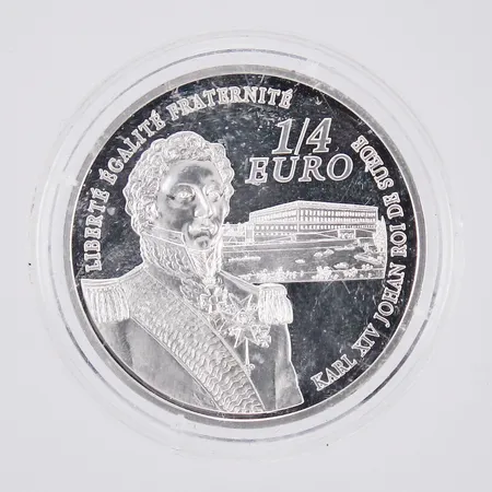 Mynt, Liberte Egalite Fraternite Karl XIV Johan Roi De Suede, 1/4 Euro, år 2006, Jean-Baptiste Bernadotte, Ø37mm, plastetui, 900/1000 Silver  Vikt: 22,3 g
