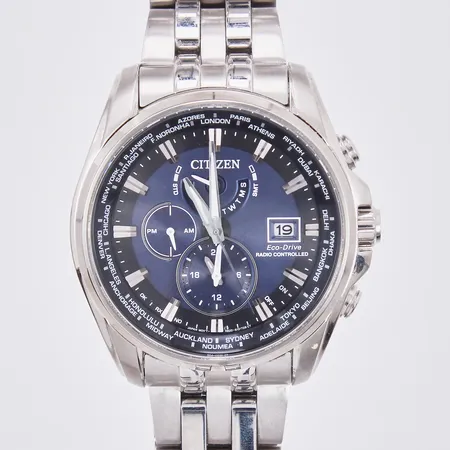 Herrur Citizen Eco-Drive Radio Controlled, Ø44mm, GN-4W-S-12G, H820-S092035, snr: 492030132 , Ø43mm, kronograf, datum, stål, stållänk, innermått inklusive ur ca 19cm, viklås, inga tillbehör.