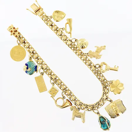 Armband X-länk, 19cm, bredd 5mm, 13 berlocker varav 3 med gravyrer/defekter, 18K Vikt: 20 g