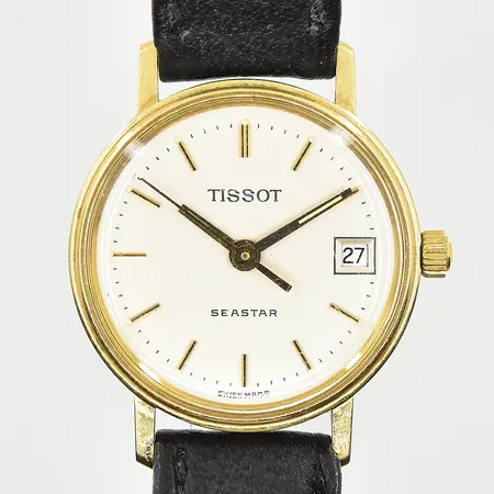 Damur Tissot Seastar, boett Ø22 mm, quartz, datum, läderband, graverad bakboett, behov av batteribyte, bruttovikt 13,1g, 14K.