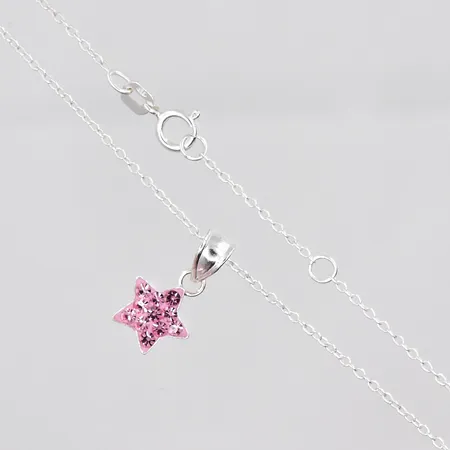Kedja, 38cm, hänge stjärna, rosa stenar, 9x15mm inklusive ögla, silver 925/1000  Vikt: 1,2 g