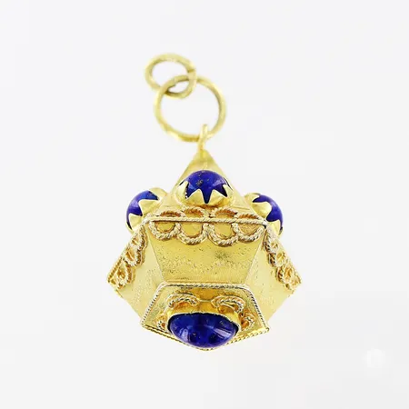 Hänge, blå stenar, 42mm, bredd 3-22mm, ihålig, 1 extra ögla, 18K. Bruttovikt 10,5gram. Vikt: 10,5 g