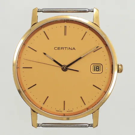 Herrur Certina, 18K, Ø33mm, quartz, går ej, datum, gravyr, saknar armband, inga övriga tillbehör, bruttovikt 21,4g