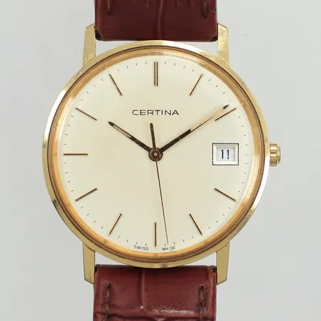 Herrur Certina, 14K, Ø33mm, quartz, går ej, datum, gravyr, slitet läderarmband, inga övriga tillbehör