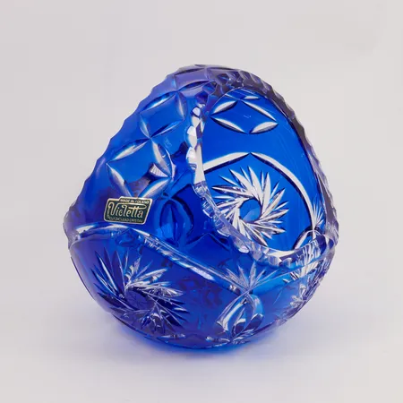 Kristall skål/korg, blått överfång, höjd 16cm, Ø ca 46cm, Violetta Polsk handskuren 24% blykristall Skickas med paket.