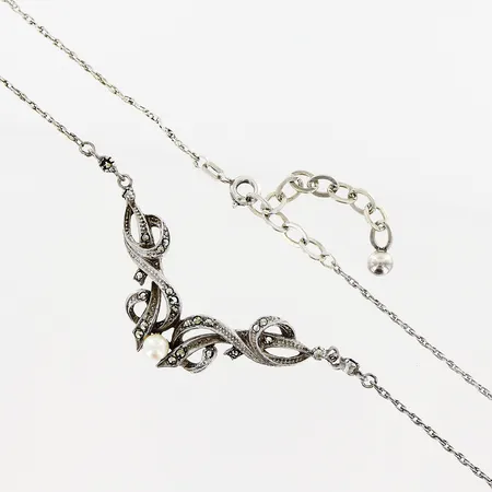 Collier, odlad pärla, markasiter, 45-50cm, bredd 1,3-14mm, silver 925/1000 Vikt: 9,5 g