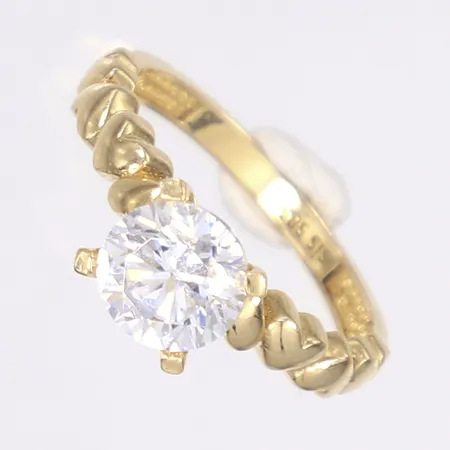 Ring med vit sten, stl 18, bredd 2-8mm, repig, 14K Bruttovikt: 3,3g 