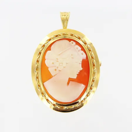 Hänge/Brosch, Camé, 36x25mm, 18K. Bruttovikt: 5,8gram.  Vikt: 5,8 g