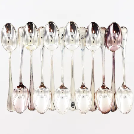 12 kaffeskedar modell Svensk Rund, 120mm, GAB, kattfot, etui, silver 830/1000. Vikt: 152,3 g