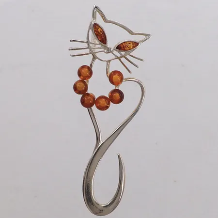Hänge katt med orangea stenar, längd 64mm, bredd 24,3mm, silver Vikt: 4,8 g