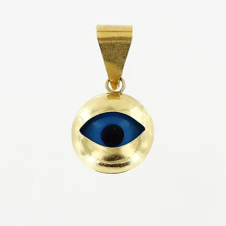 Hänge, blå öga, 17x10, något skev och bucklig, 14K. Bruttovikt: 0,7gram.  Vikt: 0,7 g
