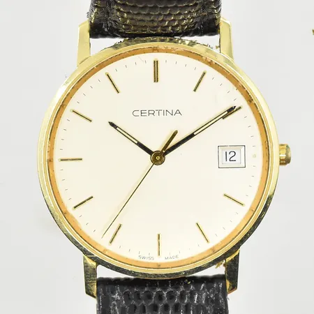 Herrur Certina, boett Ø34 mm, quartz, datum, slitet läderband, EOL 158.9289.65, behov av batteribyte, etui, bruttovikt 28,1g, 14K.