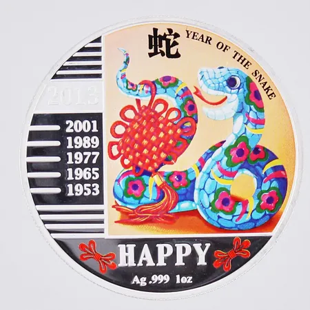 Silvermynt, Year of the snake, 2013, Happy, Ø40mm, Republique Democratique Du Congo 240 Francs, 999/1000 Silver Vikt: 31,1 g