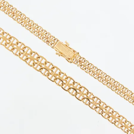 Collier, X-länk med stav, doserad, 45cm, bredd 6-8,5mm, N S E Guldvaru Aktiebolag, Köping 1970, 18K  Vikt: 22,2 g