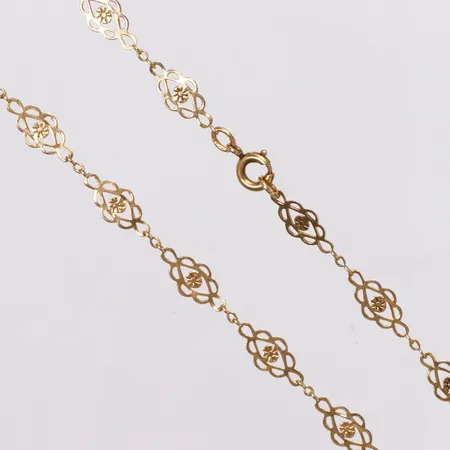Collier, blomstermönstrad, längd ca42cm, bredd 1,1-6,0mm, defekt lås går ej att öppna, skev, 18K  Vikt: 4,5 g