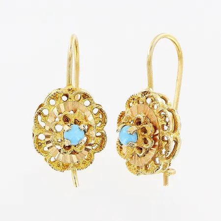 Ett par örhängen, turkosa stenar 20mm, bredd 11mm, 18K Vikt: 3,9 g