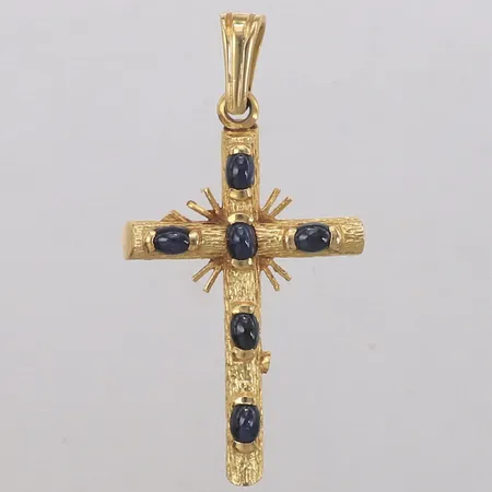 Hänge kors med cabochonslipade safirer, längd 64,3mm, bredd 5,2-33,4mm, ihålig, nagg på safirer, 18K  Vikt: 17,2 g