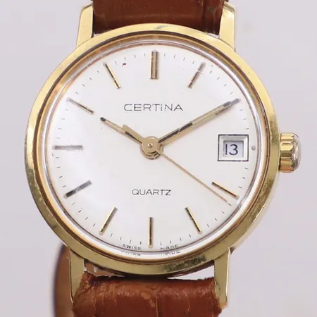 Damur, Certina, 14K, quartz (går ej), 22mm, datum, boettnr EOL 111.9299.65, plexiglas med repor, brunt läderband, inga tillbehör 