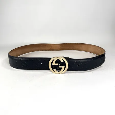 Bälte, Gucci, präglat monogramläder, gulmetall, slitage