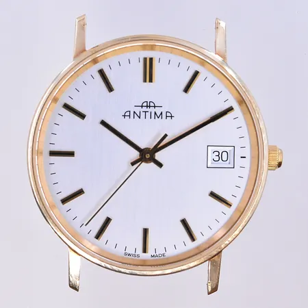 Herrur Antima, quartz, datum,  Ø33 mm, graverad boett, 14K. Bruttovikt 17,6g.