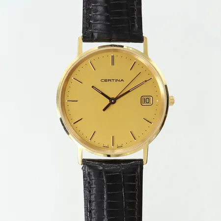 Herrur Certina, 18K, quartz, datum, serie-nr: EOL 158.9289.68, läderarmband, gravyr, går ej, inga tillbehör. 