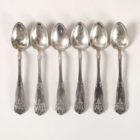 Sex moccaskedar, norska stämplar, längd ca 11cm, slitage, gravyr, 830/1000 silver. Vikt: 58,6 g