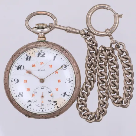 Fickur Invar, manuellt, Ø50mm, innerboett i metall, sprucken urtavla, 800/1000 silver. Klockkedja i metall Vikt: 85 g