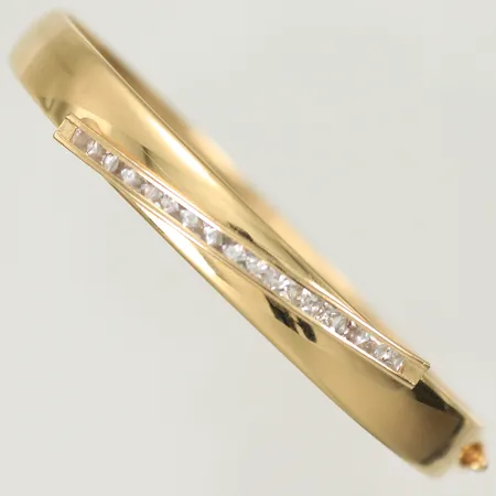 Armring, oval,  matt/ blank, öppningsbar med vita stenar Ø 60x 67mm (repig, bucklig) 14K, 6,6g 